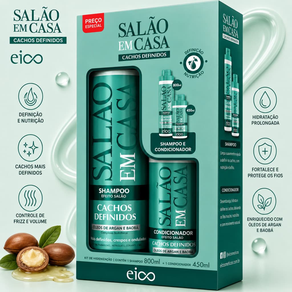 Shampoo e Condicionador EICO KIT Salão em Casa Cachos Definidos 1250ml KIT Shampoo Condicionador Kit Cabelo Cacheado