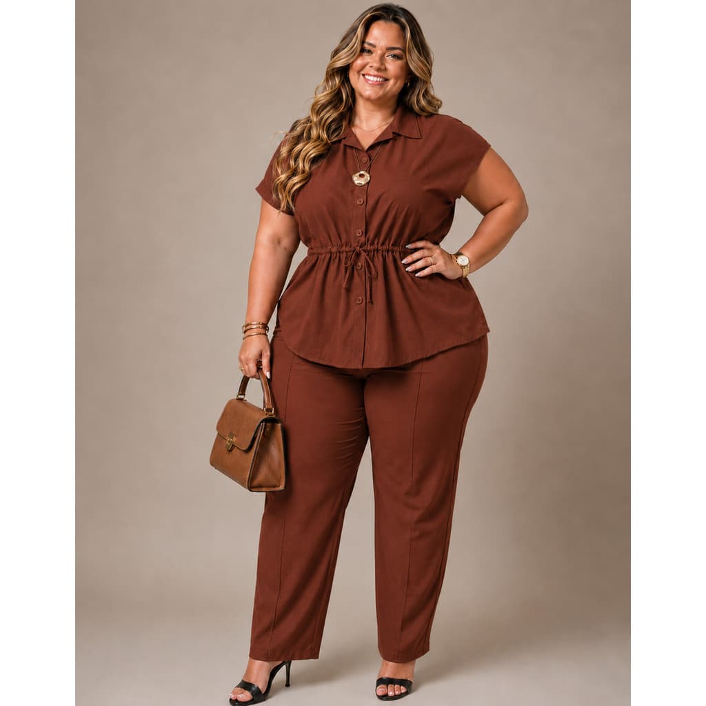 Conjunto Alfaiataria Feminino Plus Size de Calça Cintura Alta e Blusa Manga Princesa