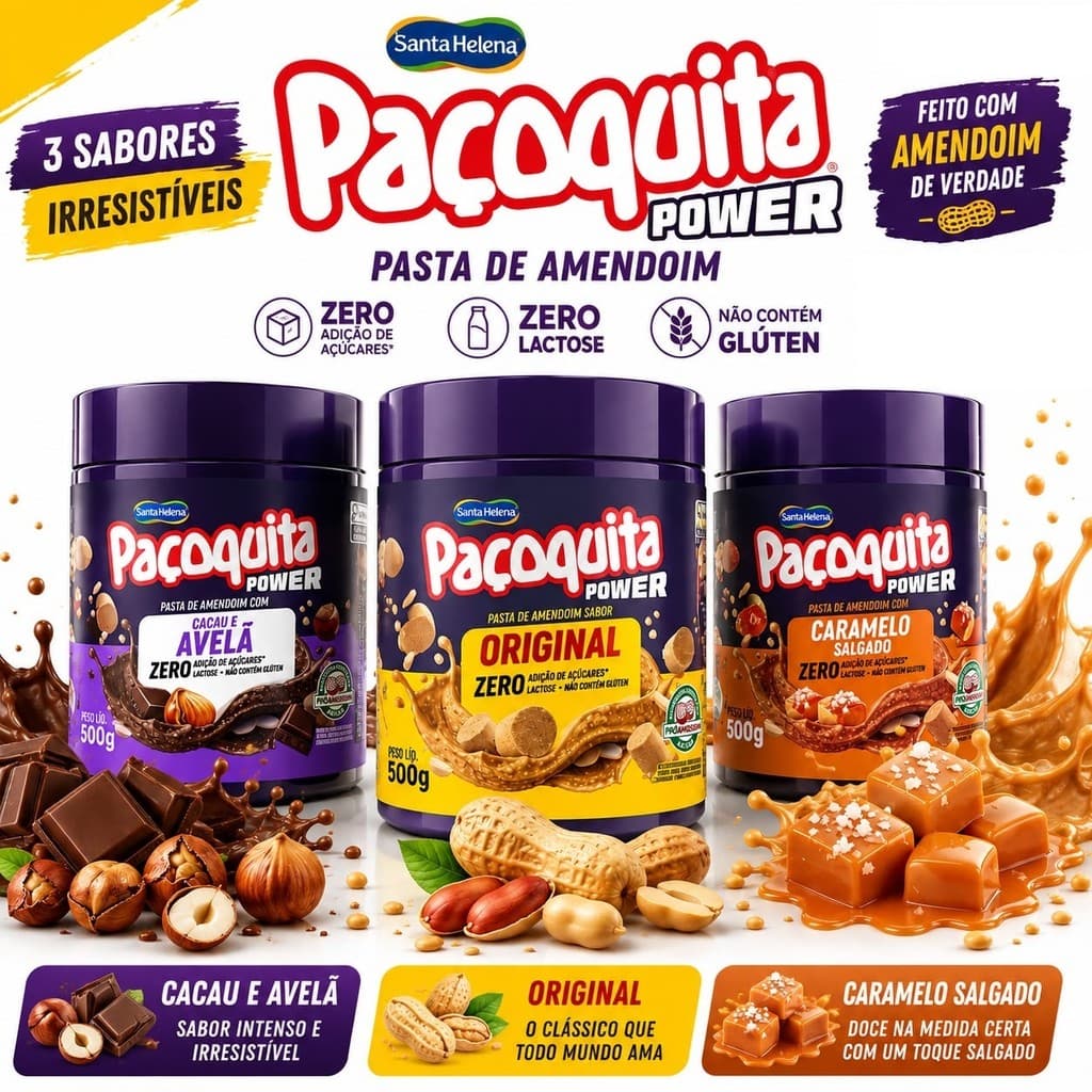 Pasta de Amendoim Pacoquita Power 500g Original - Caramelo Salgado - Cacau e Avela - Zero Acucar