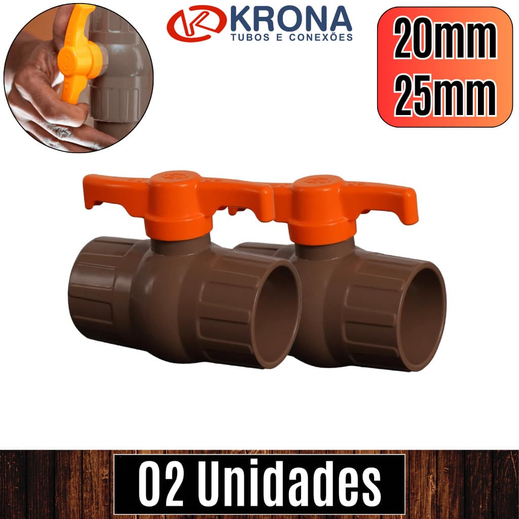 Pct 02 unds Registro de esfera 20mm 1/2" e 25mm 3/4" p/ tubos e cano de cola soldável PVC - Krona