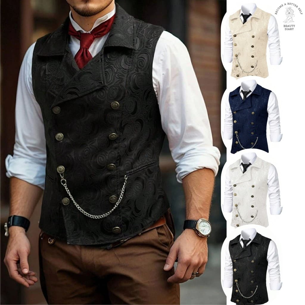 Masculino Rosa Jacquard Duplo Breasted Terno Colete Assimétrico Lapela Vintage Festa De Casamento Sem Mangas Vestido