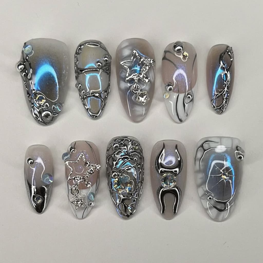 Unhas postiças em formato de amêndoa estilo Y2K, unhas falsas modernas e estilosas, peças de unhas postiças curtas.