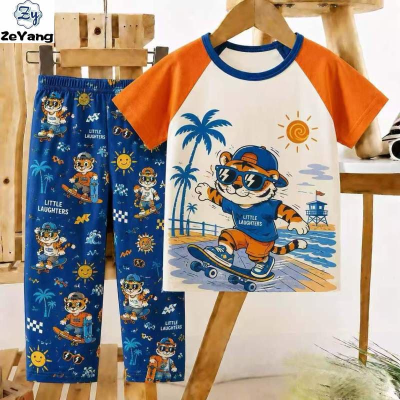 [ZY] 70-130 Conjunto de camiseta infantil de algodão puro de manga curta em estoque pronto Roupas fofas para casa Calças