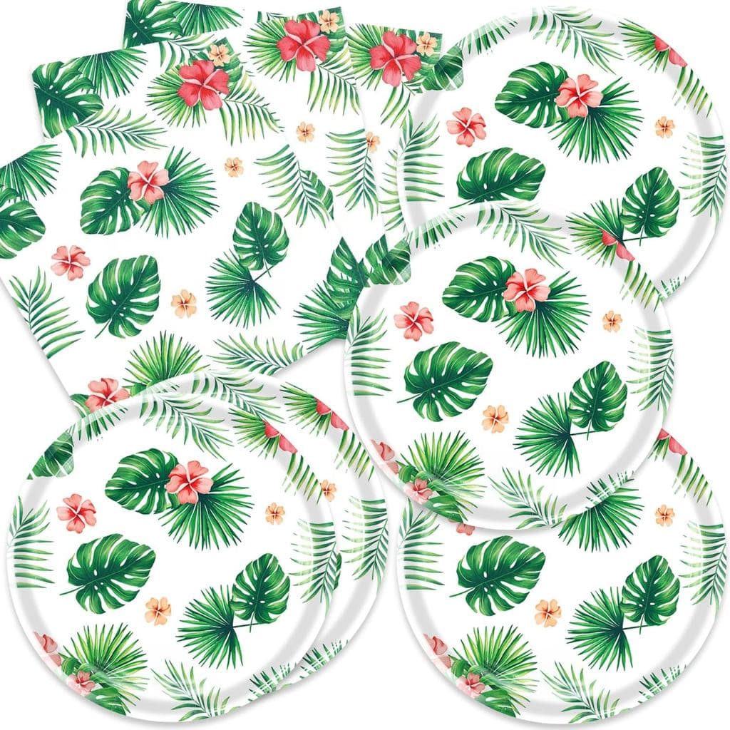 Conjunto de 40 peças de utensílios de mesa para festa havaiana Luau, com pratos e guardanapos com estampa de folhas de p