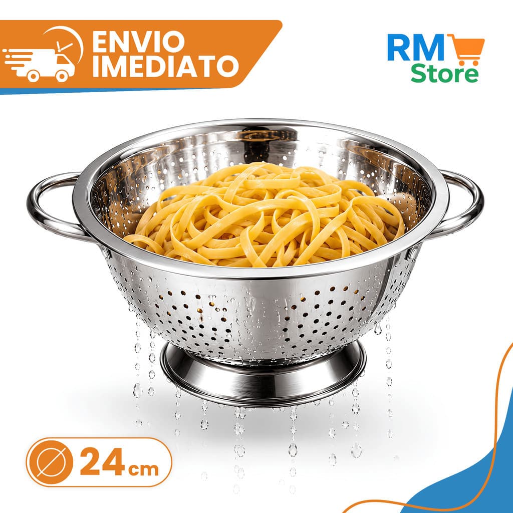 Escorredor de Macarrão 24cm em Aço Inox Coador de Massas e Legumes para Cozinha