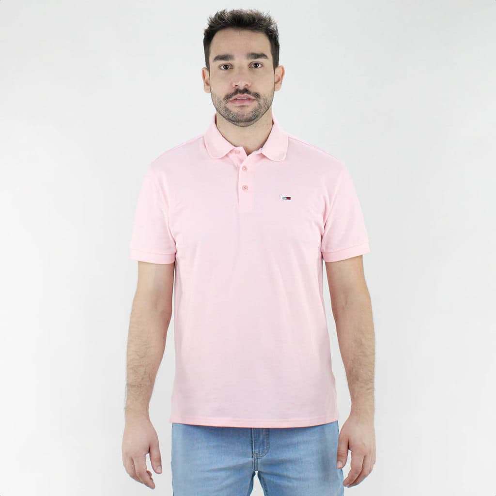 Camiseta Polo Tommy Clássica Slim Rosa Claro - Masculino