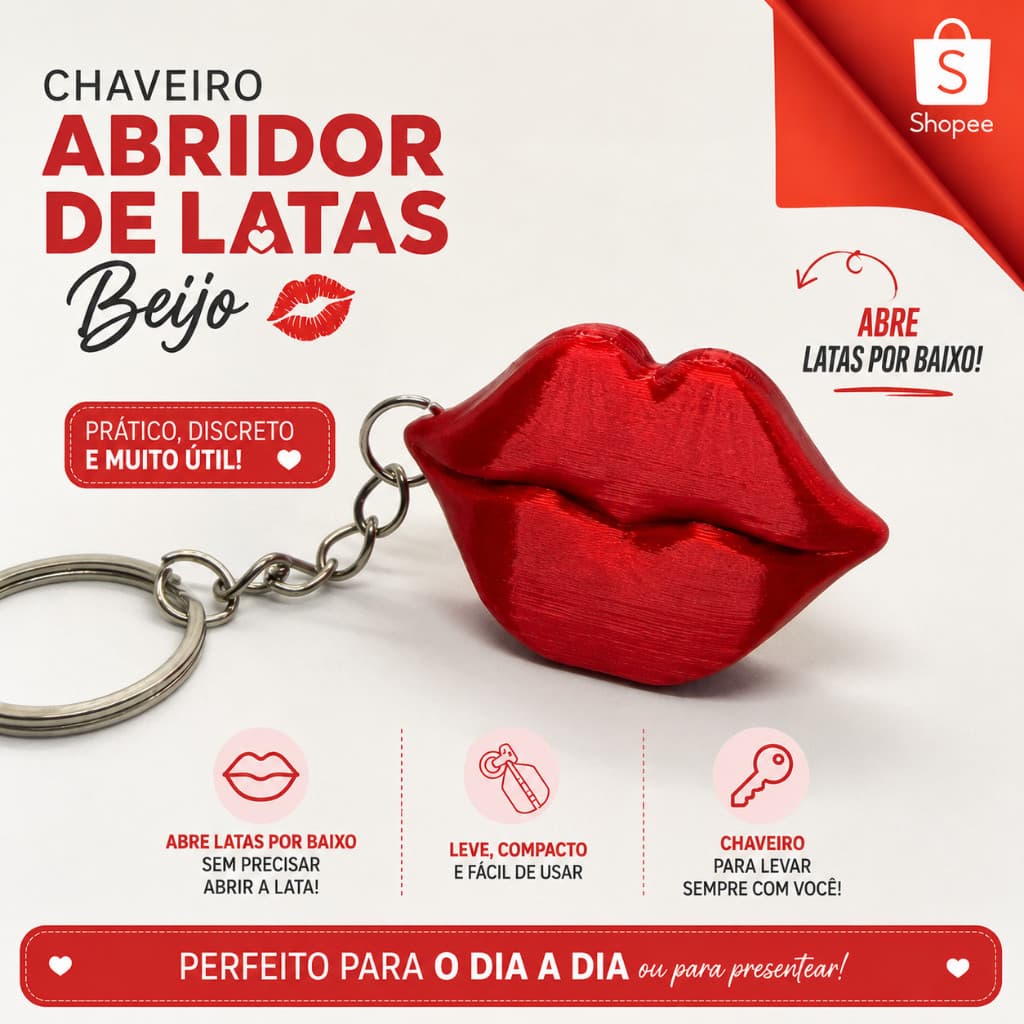 Chaveiro Abridor de latas em formato de boca, feito em 3D.