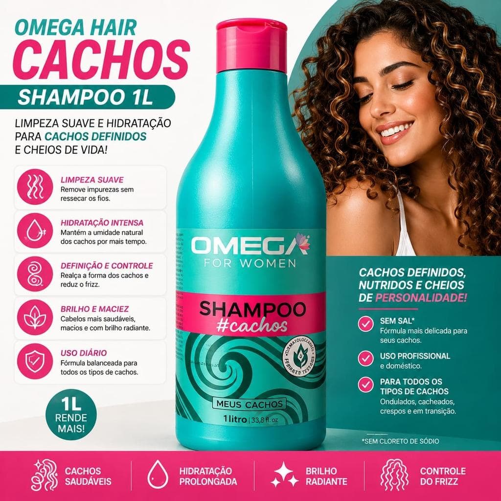Shampoo Omega Hair Cachos 1L Definição Hidratação Cachos