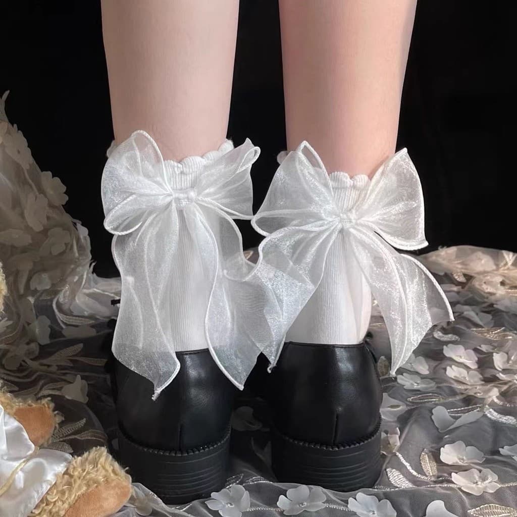 Meias de tubo médio com laço de renda, meias japonesas jk de renda de princesa, meias finas Lolita femininas