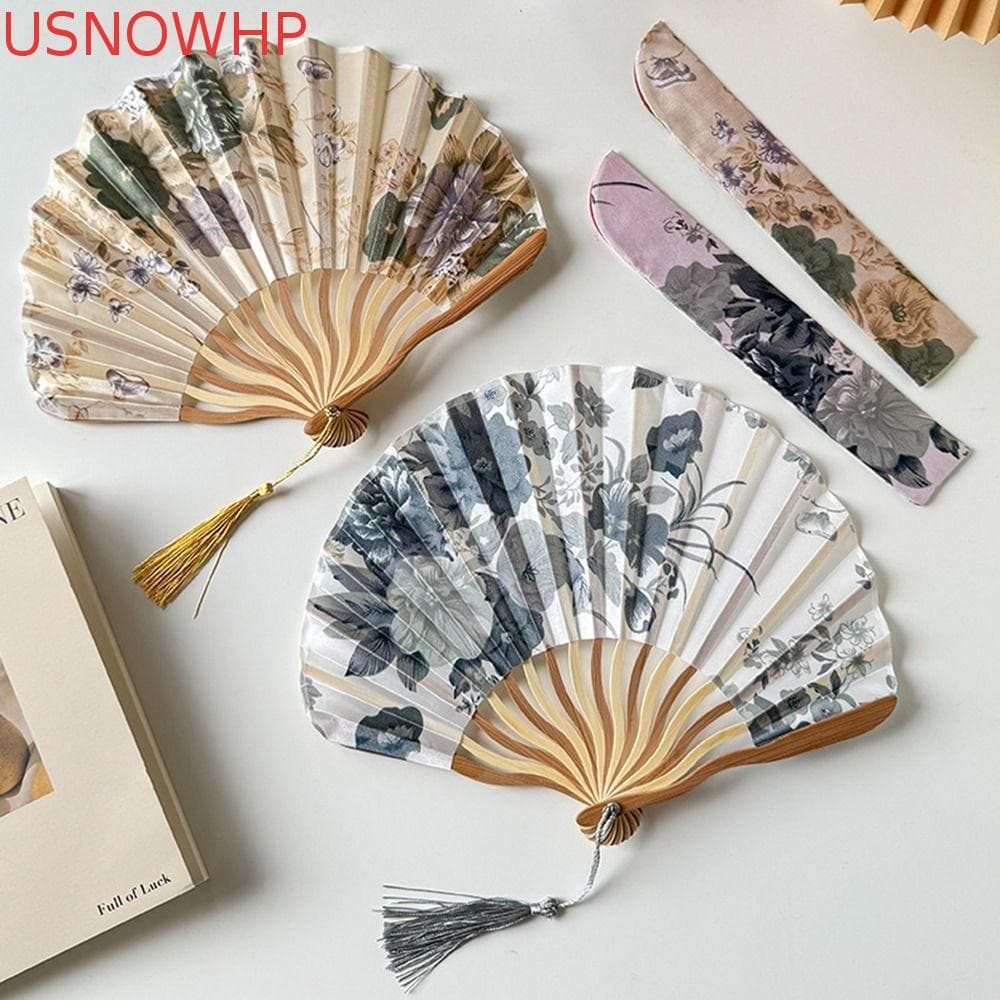 Ventilador Dobrável De Seda USNOWHP , Portátil De Flor Estilo Chinês , Com Tampa De Elegante Borla