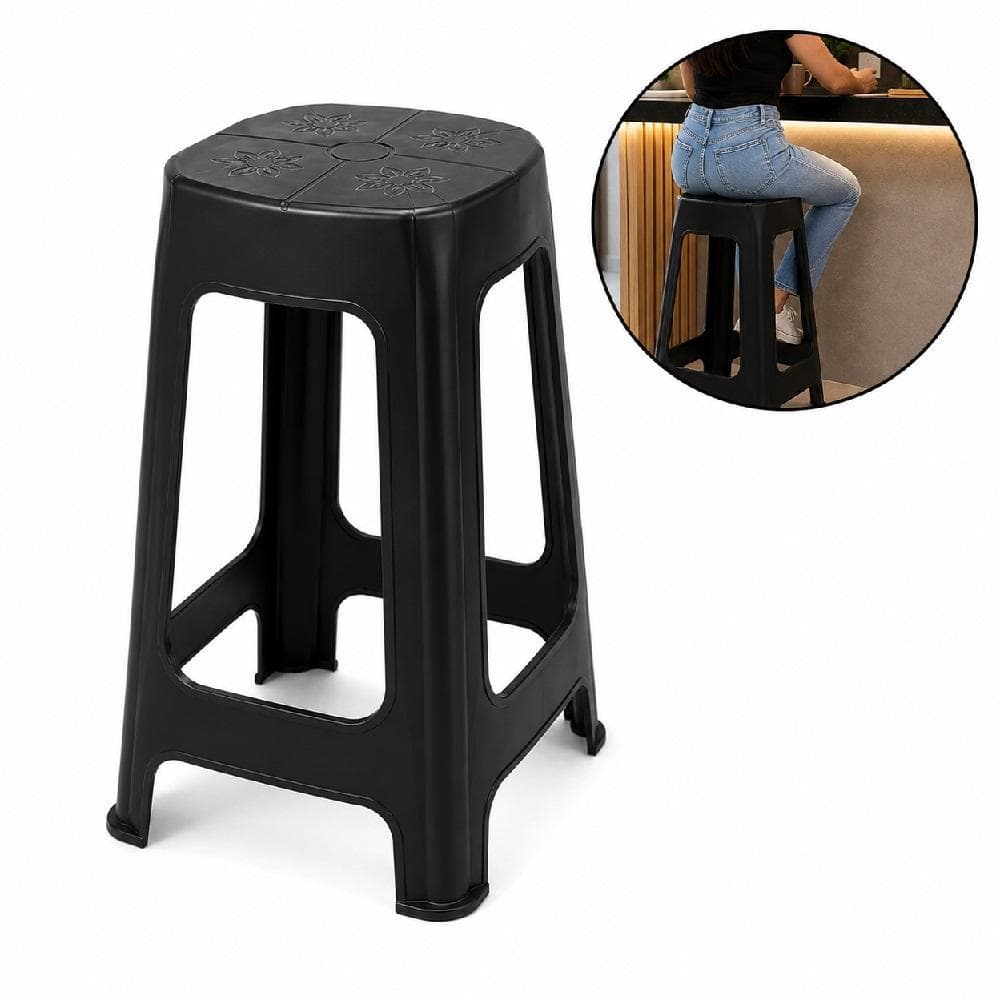 Banco Bistrô Alto Preto Empilhável Plástico Reforçado para Cozinha Bancada Área Gourmet Varanda Balcão Bar