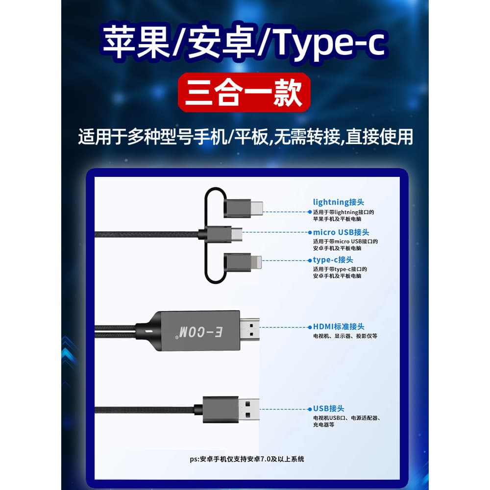 Cabo de projeção Apple Mesma tela Android typec para cabo adaptador hdmi Conexão de telefone móvel Dispositivo de exibiç