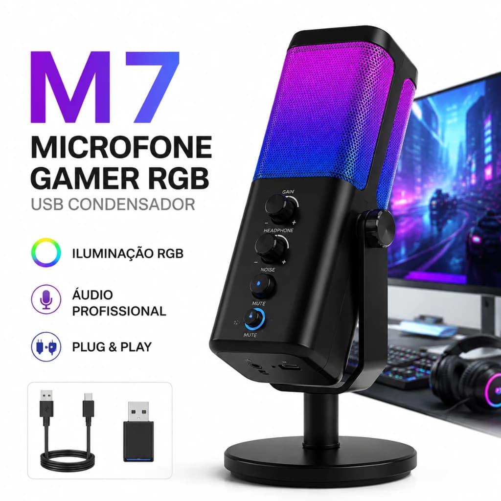 Microfone Gamer RGB Condensador USB M7 para PC PS4 PS5 Streaming Podcast