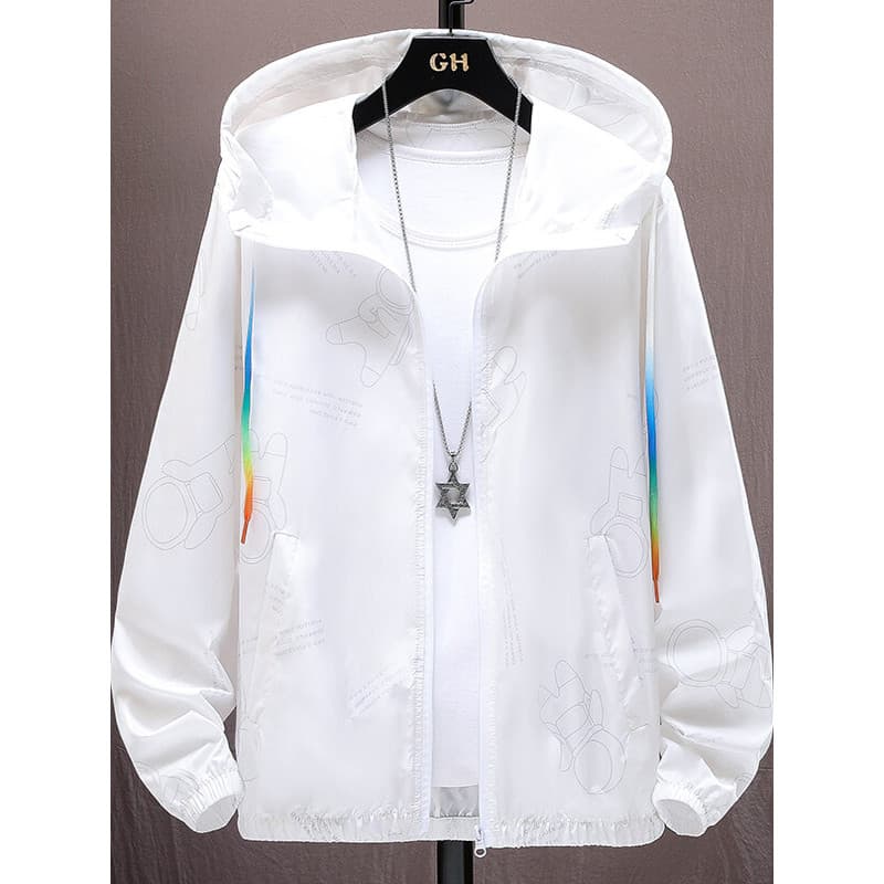 Com capuz de seda gelo protetor solar roupas masculinas verão fino solto roupas superiores juventude jaqueta impressa pr