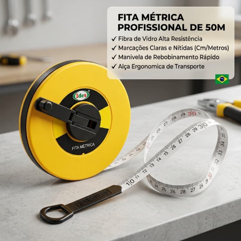 Trena 50 Metros Fibra de Vidro Longa com Manivela para Medição Profissional e Construção**