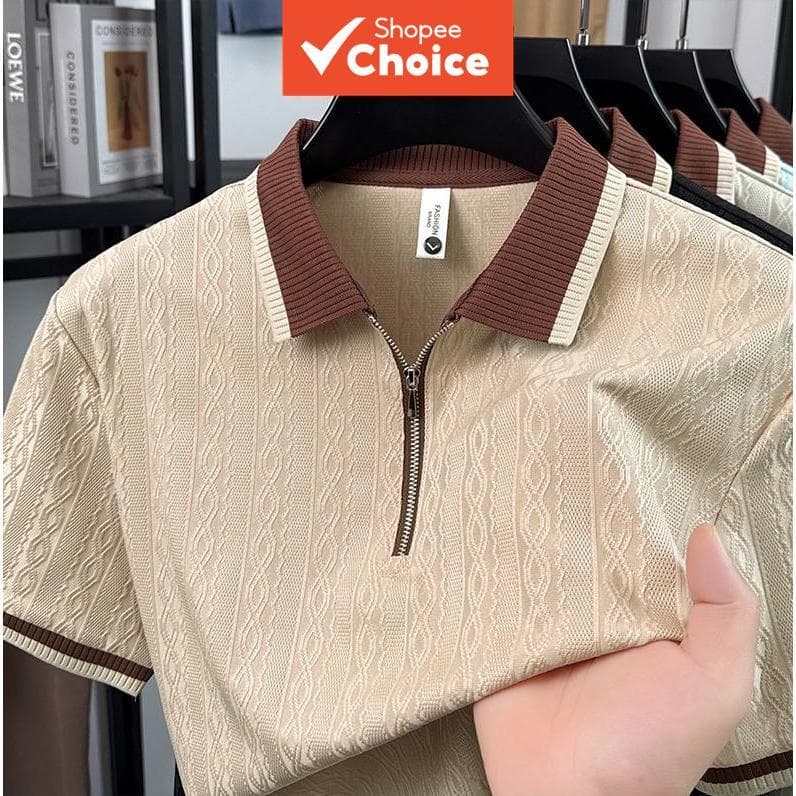 Camisa Polo masculina com gola de tricô verão, respirável, com zíper, macia, manga curta, estampa jacquard, casual para