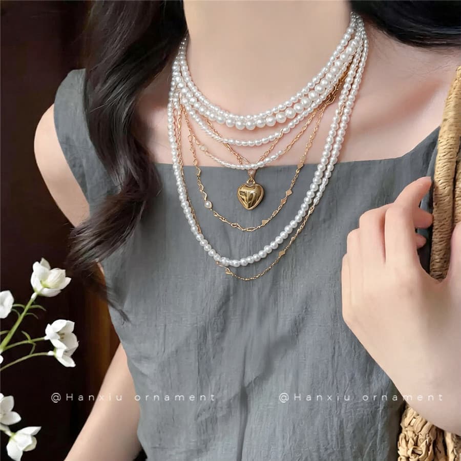 Colar de pérolas com pingente de amor francês, nicho de alta qualidade, corrente de clavícula multicamadas, colar elegan