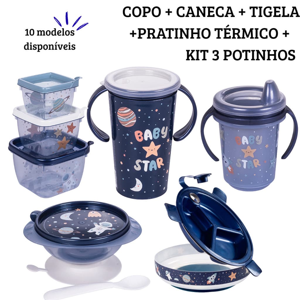 Kit Alimentação Plasútil Bowl Prato Térmico Copo 360° Copo Treinamento 330ml e Kit 3 Potinhos Conect