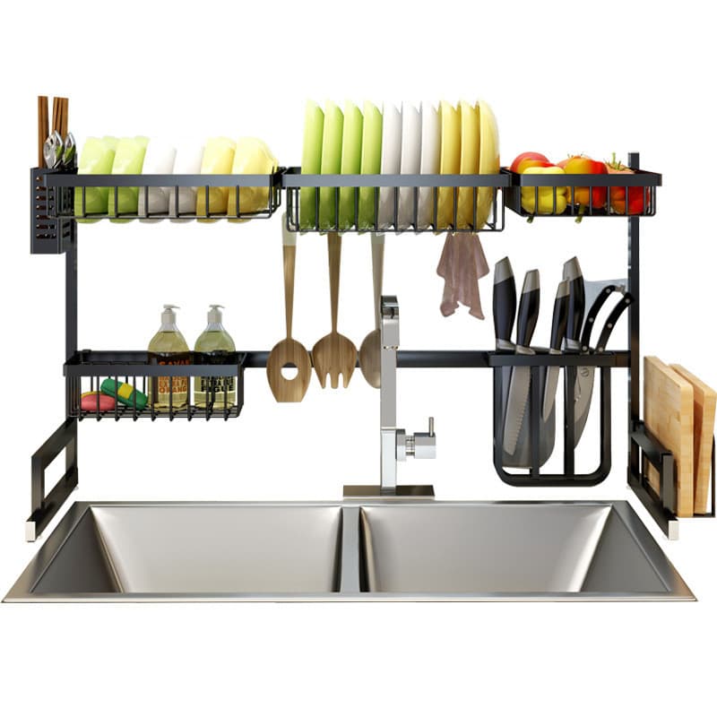 Escorredor de louça preto para cozinha, escorredor de louça de 2 níveis em aço inoxidável para pias e talheres.