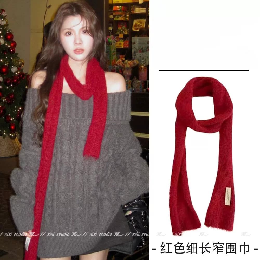Mohair vermelho ligeiramente enrolado estreito pequeno cachecol elegante longo ano novo cachecol 2025 menina quente vest
