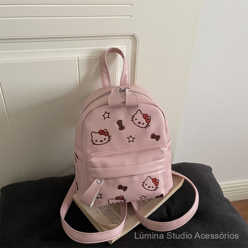 Mini Mochila Feminina de PU com Estampa de Gatinha e Bolso Frontal para Passeios e Uso Diário