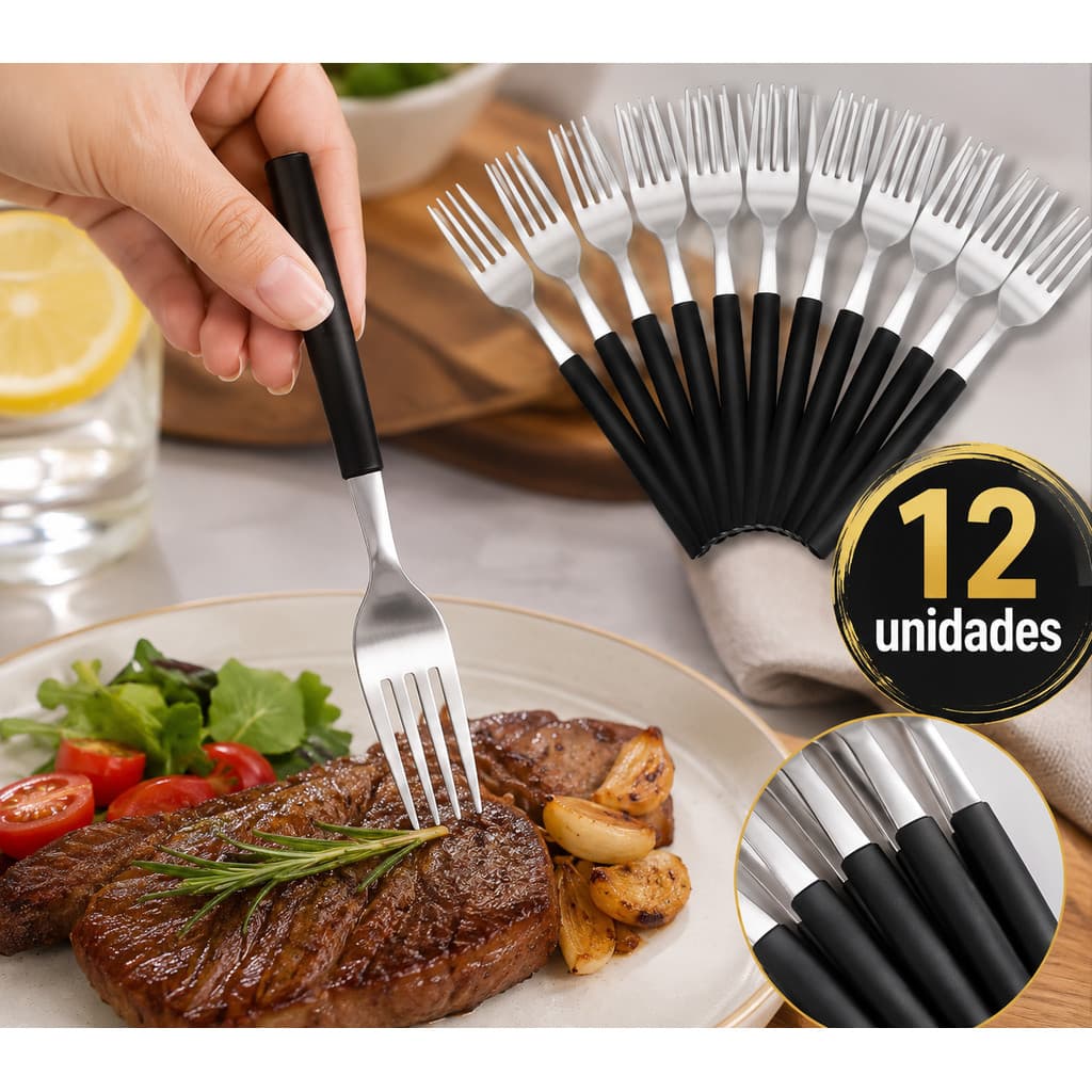 Kit 12 Garfos de Mesa Inox Cabo Preto Leme – 2 Kits com 6 Garfos Restaurante, Cozinha e Uso Diário
