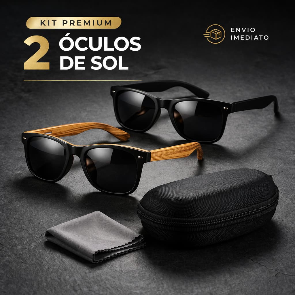 Óculos De Sol Kit Masculino Haste Estilo Madeira UV 400 Premium Quadrado + Case | ENVIO IMEDIATO