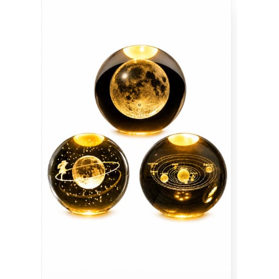 Kit 3 Luminárias Lua Bola de Cristal LED Luz Quente Globo Sistema Solar Menina na Lua Decorativa