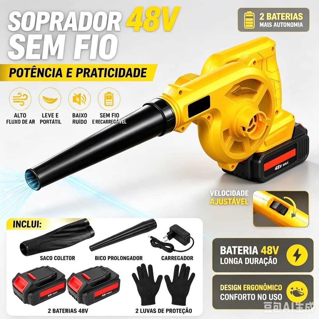 TOSoprador Aspirador 48V Sem Fio Profissional 2 Baterias Recarregáveis Alta Potência