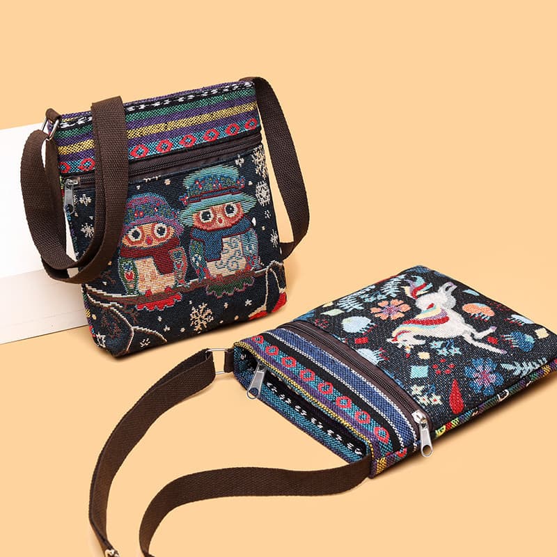 Bolsa transversal feminina, bolsa de ombro pequena, bolsa de lona, tecido trançado de estilo étnico chinês, bolsa de tel
