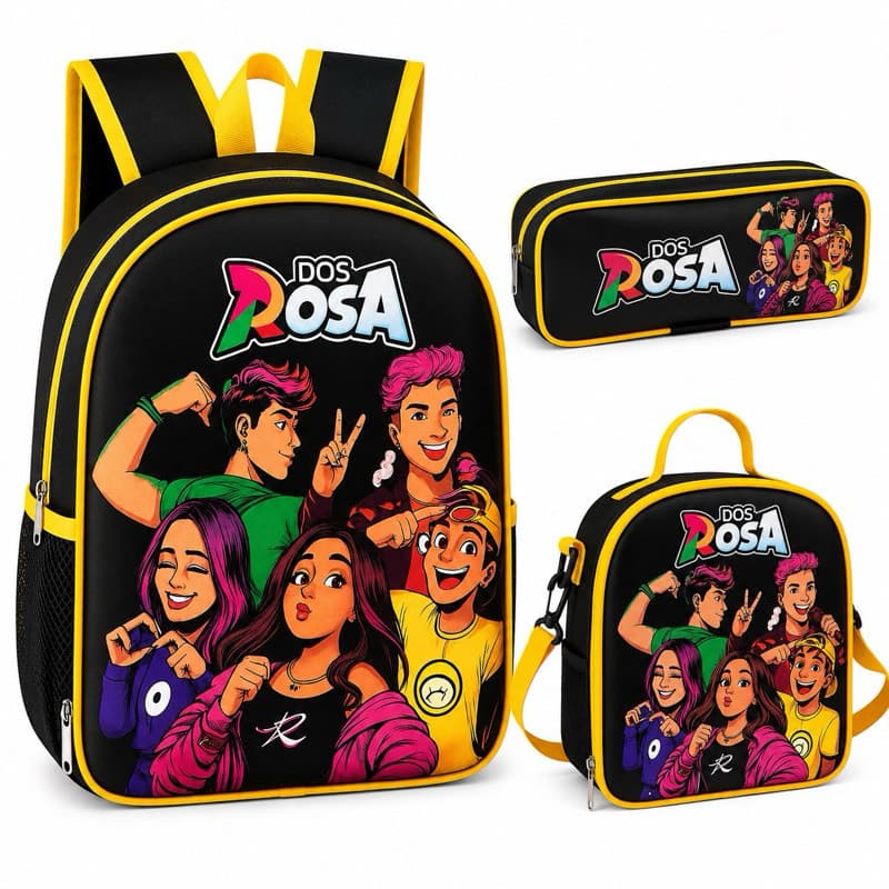 Kit Escolar Dos Rosa Leozin Mochila Forro Interno Lancheira Térmica + Estojo