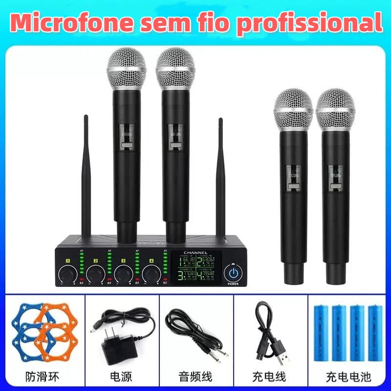 Microfones Sem Fio  Com 4 microfone KTV, palco, conferência, karaokê em casa microfone profissional 4 canais Byz-D 69