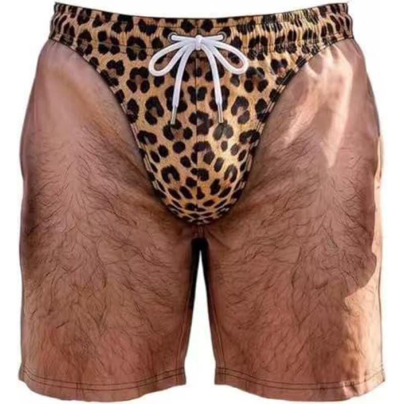 2026 Verão Masculino Engraçado 3D Ilusão Óptica Praia Shorts , Leopardo Biquíni Pele Peluda Novidade Brincadeira Férias
