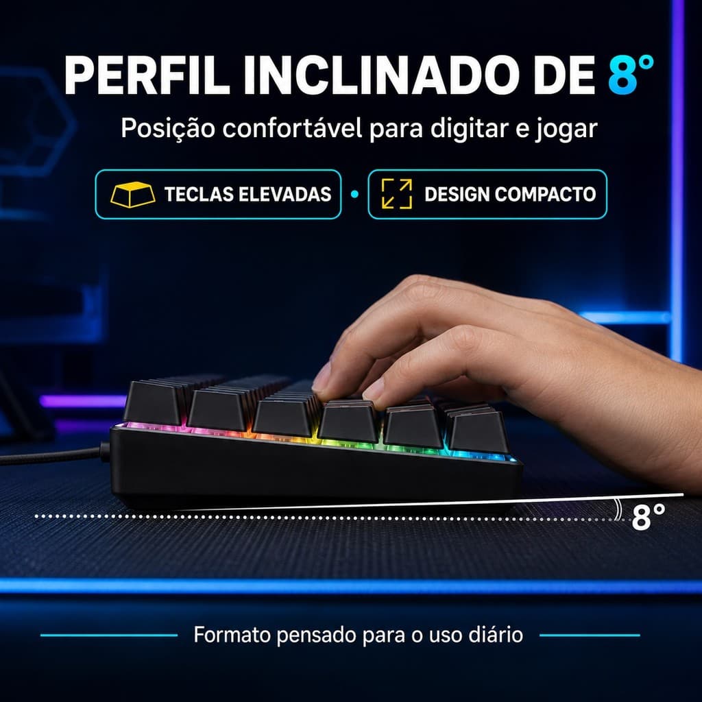 Teclado Mecânico Gamer 60% 61 Teclas Switch Vermelho LED Rainbow USB com Fio Anti-Ghosting 26 Teclas Preto