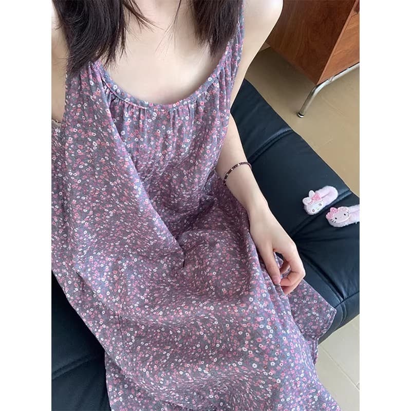 Roxo pequeno Floral estilingue camisola feminina fina doce solto comprimento médio sem mangas vestido Homewear