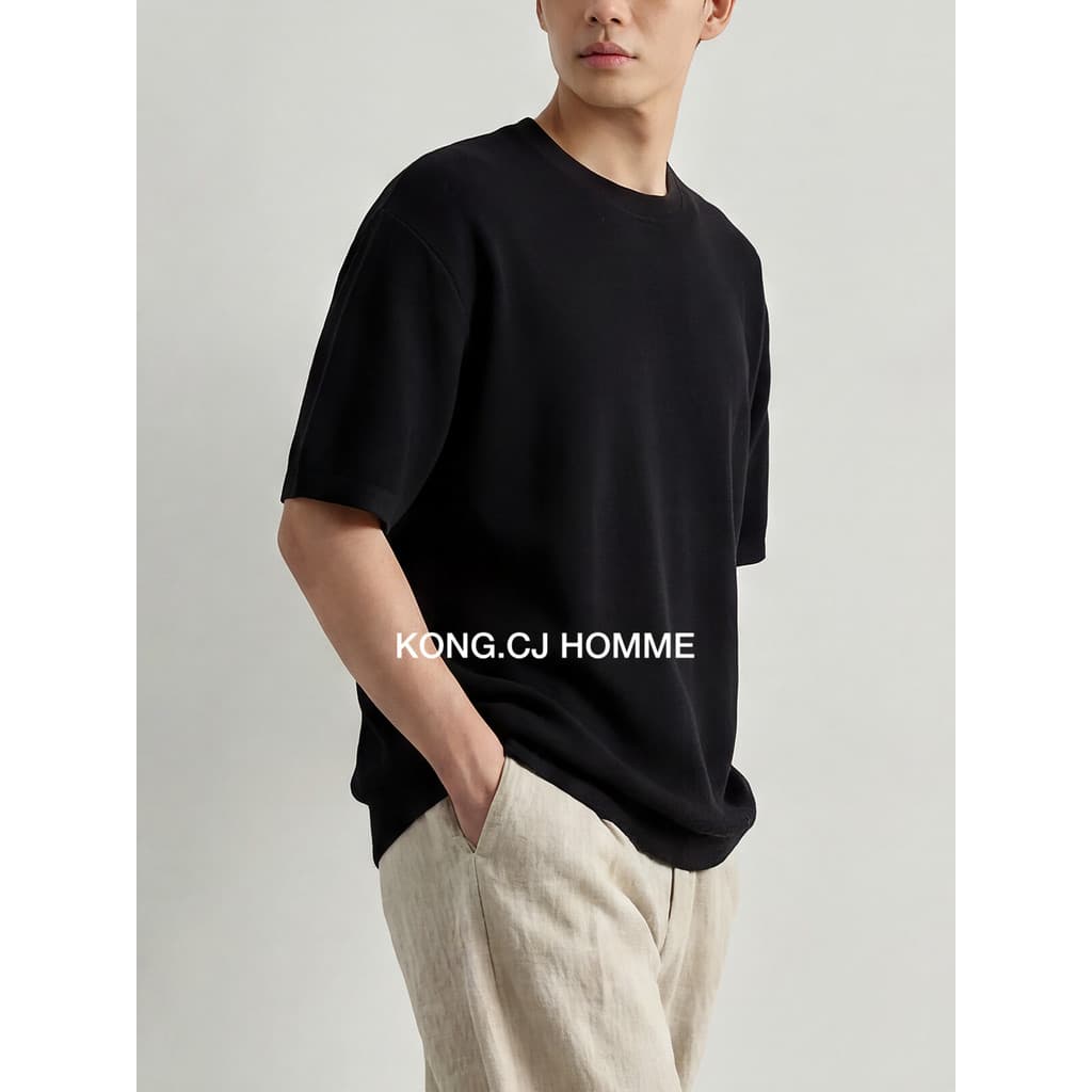 KCJ Anti-rugas não-passar elastano misturado malha camiseta masculina verão estilo dinheiro velho Drape solto em torno d