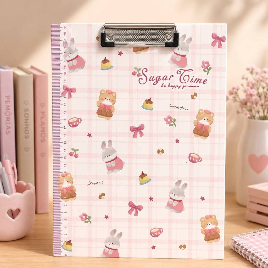 Prancheta A4 Decorada Kawaii com Régua 30cm e Prendedor | Estilo Fofo e Delicado para Estudos