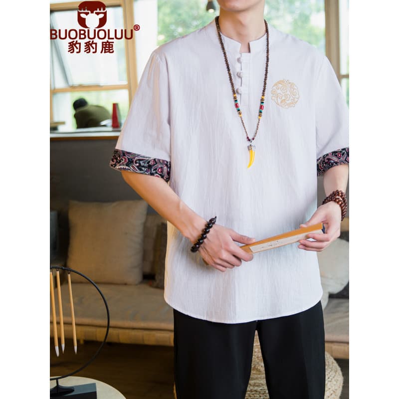 Estilo chinês linho verão masculino de manga curta camiseta estilo chinês Tang terno bordado algodão linho Plus Size rou