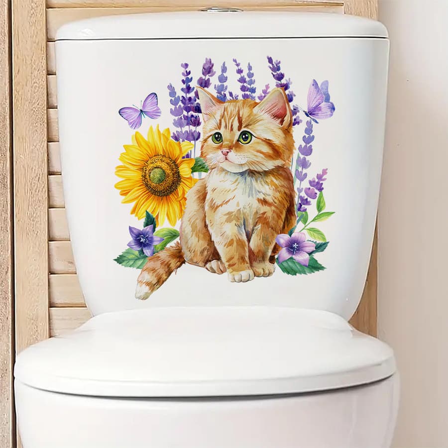 Adesivos de parede gato dos desenhos animados girassol lavanda planta flor auto-adesivo adesivos de banheiro decoração a
