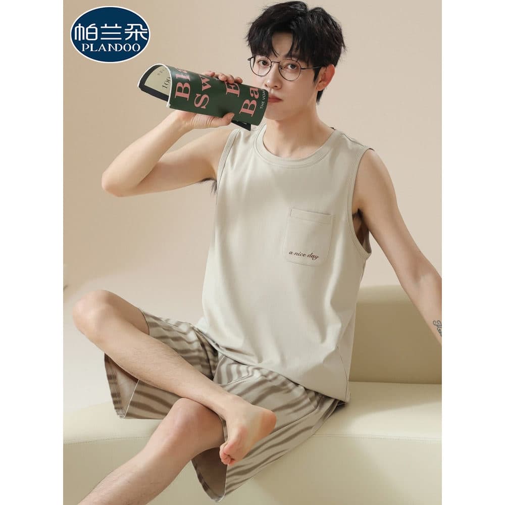 Pijamas de algodão puro masculino verão sem mangas Shorts Casual juventude Plus Size colete masculino verão fino Homewea