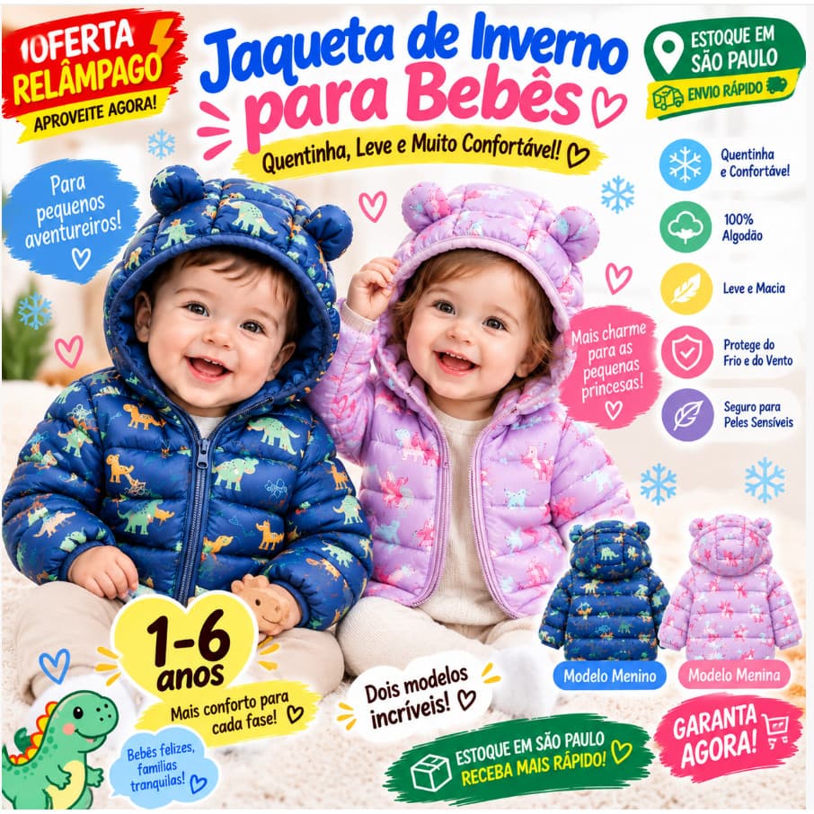 Jaqueta Infantil de Inverno Acolchoada Bebê Menino Menina 6 Meses a 6 Anos Capuz Pronta Entrega SP