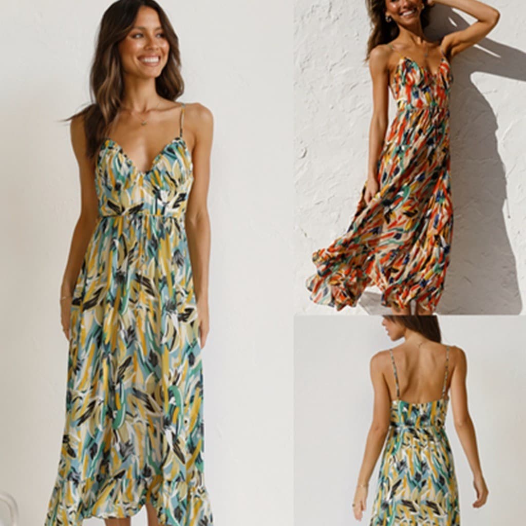 Comércio exterior verão novo estilo roupas femininas impresso fungo borda estilingue vestido