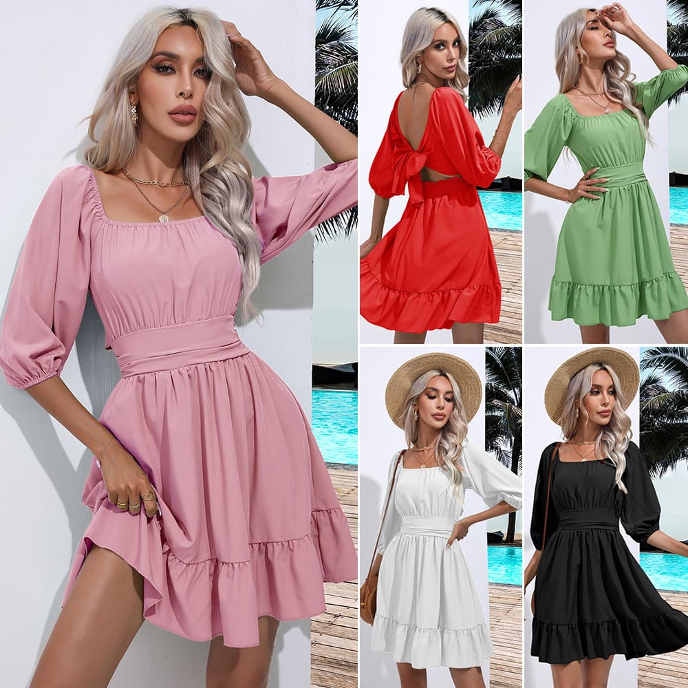 Venda quente Real tiro babados pescoço quadrado vestido amarrado saia curta feminina verão novas roupas femininas transf