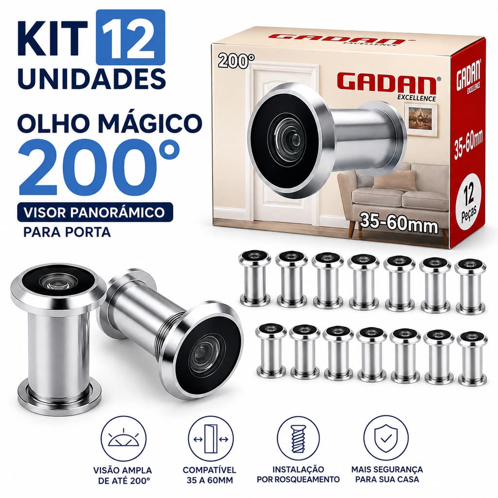Kit 12 Olho Mágico Visor De Porta 200 Graus Visão Panorâmica Para Portas 35 A 60mm Mais Segurança