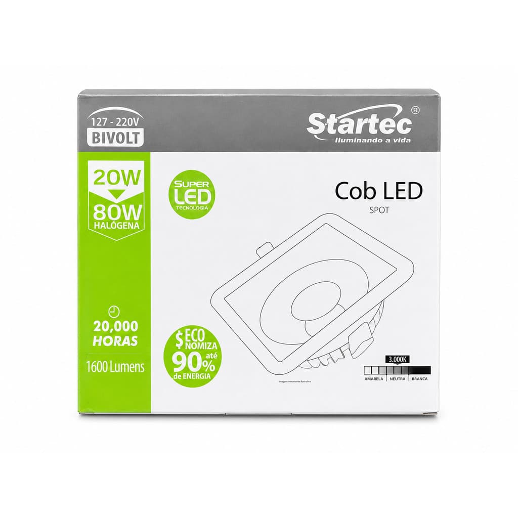 Luminária Super Led Cob Quadrada 3000k 20w Bivolt Startec