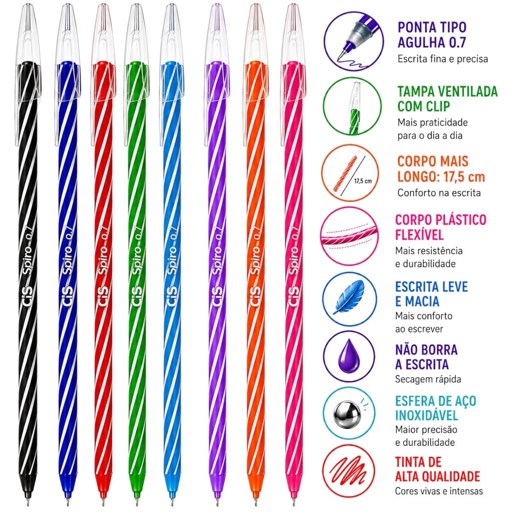 Caneta Esferográfica CIS Spiro 0.7mm Ponta Agulha Escrita Fina e Macia – 8 Cores