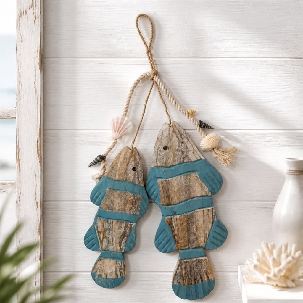 Peixes Decorativos de Parede com Corda e Conchas Enfeite Náutico