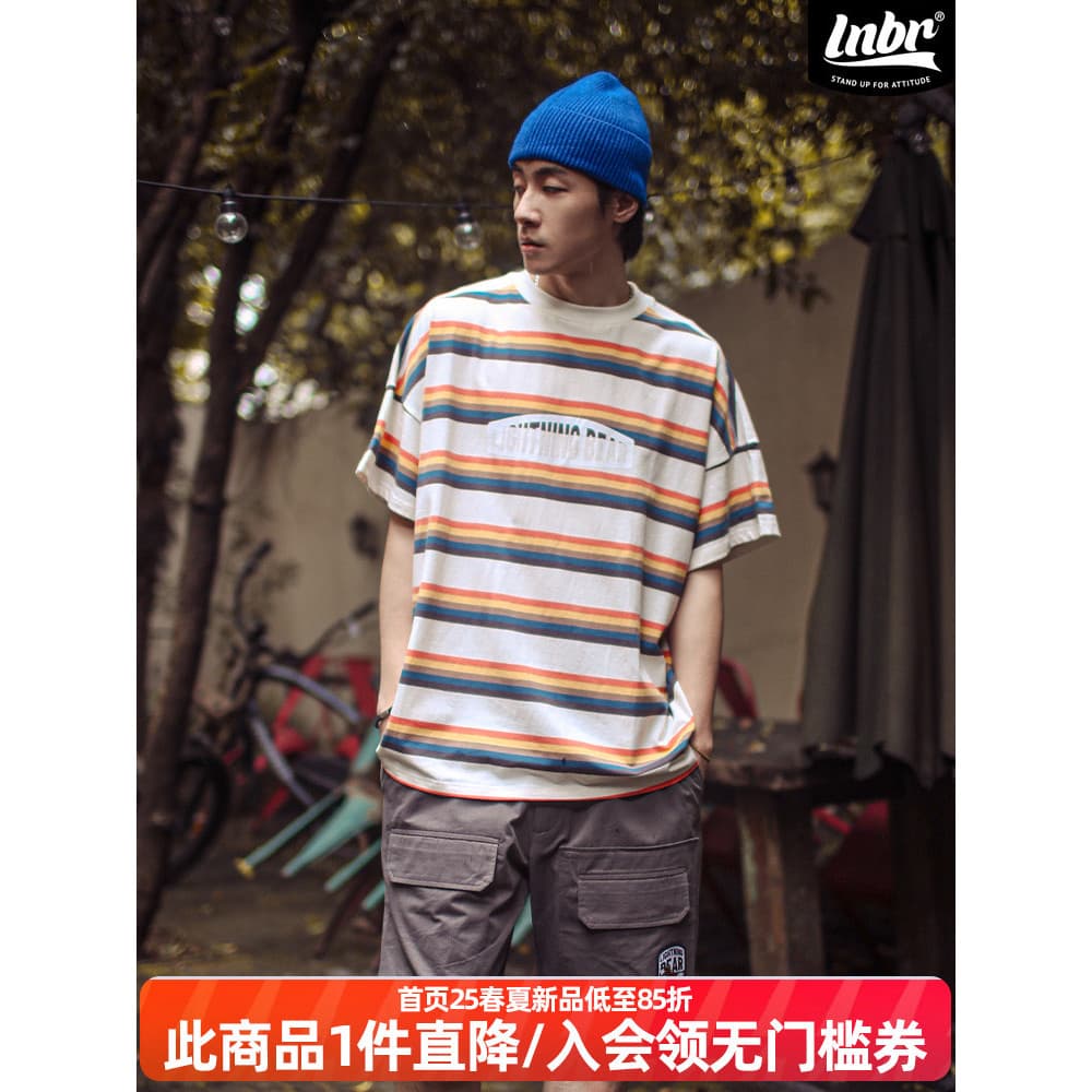 LNBR Original verão estilo Preppy carta logotipo listrado camiseta masculina de manga curta oversize casal camiseta na m