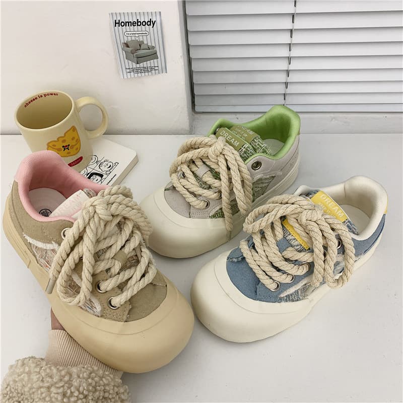 2024 primavera novo estilo corda de cânhamo lona feminina baixo-Top grosso-sola All-Match pão sapatos estudante versão c