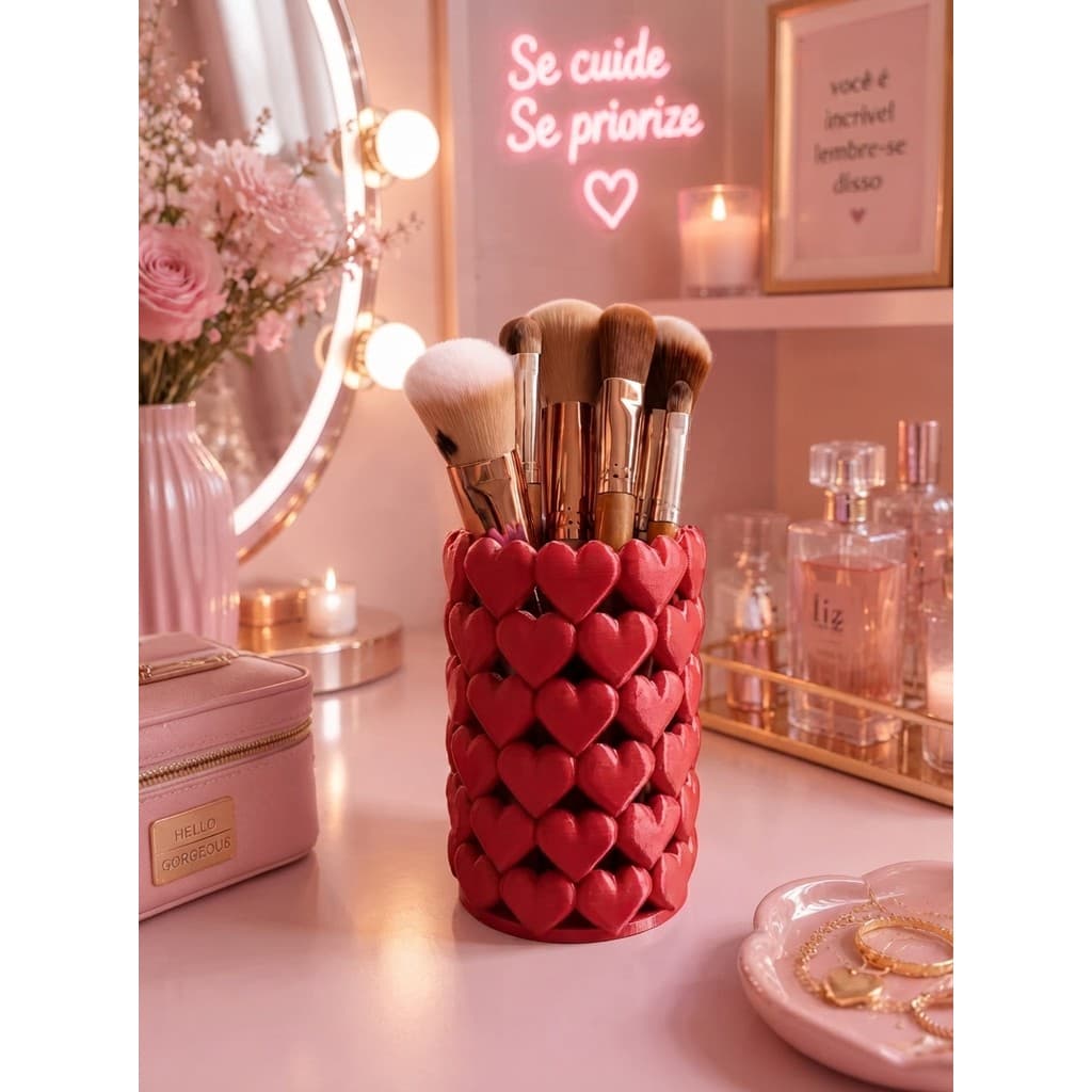 Porta Pinceis de maquiagem luxo coração Organizador para penteadeira porta maquiagem porta canetas decorativas